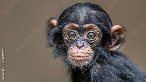  A tight shot of a monkey's expressive face showing surprise against a brown backdrop © Jevjenijs