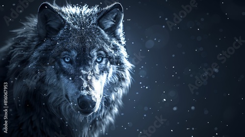  A tight shot of a wolf s expressive face against a dark backdrop  speckled with snowflakes clinging to its fur