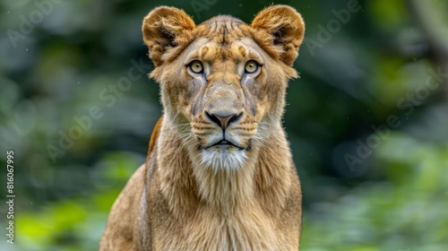 A tight shot of a lion gazing into the camera  surrounded by an out-of-focus backdrop of trees and bushes
