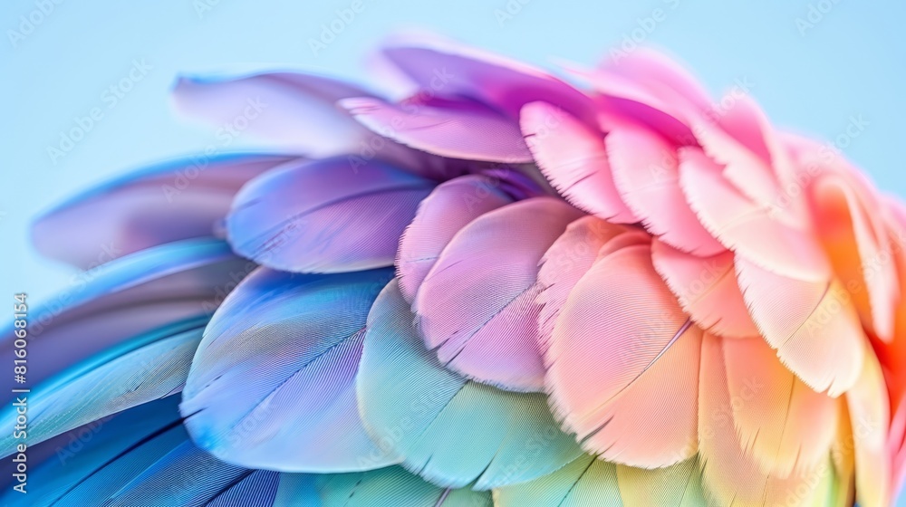 A tight shot of a multihued bird's vibrant feathers against a blue backdrop Color palette includes pink, yellow, blue, and green A tight shot of a multihued bird's vibrant feathers against a blue backdrop Color palette includes pink, yellow, blue, and green