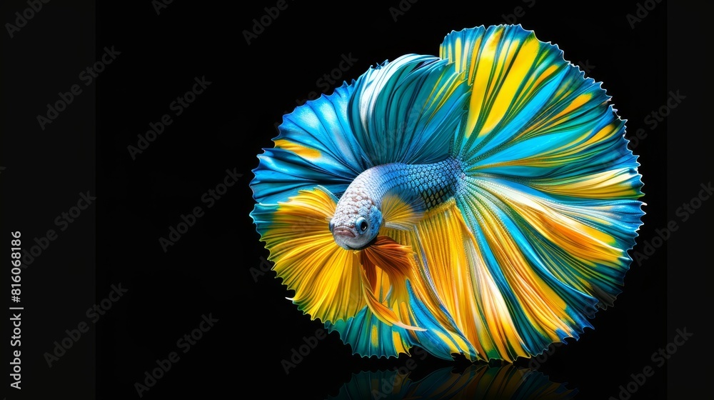 A tight shot of a blue-yellow fish, its head positioned toward its midsection A tight shot of a blue-yellow fish, its head positioned toward its midsection