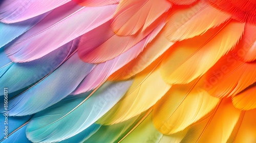  A tight shot of a multicolored bird s feathers against a rainbow backdrop