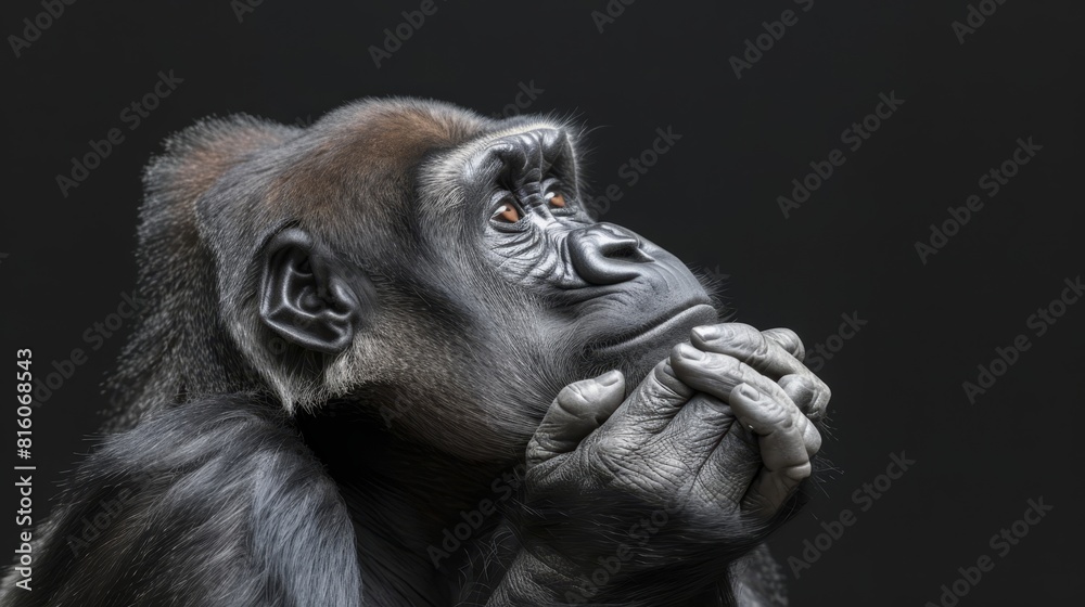 A tight shot of a monkey with its hands covering its face, gazing upward A tight shot of a monkey with its hands covering its face, gazing upward