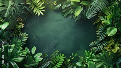 A frame made of green plants against green background with copy space in the middle © fivan