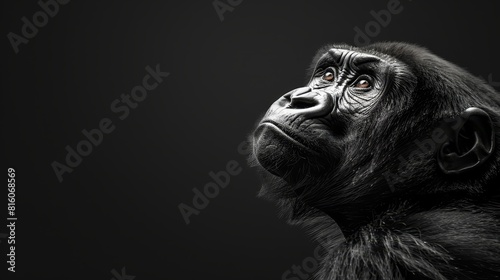  A monkey gazes upwards in a black-and-white image against a backdrop of unbroken blackness, his eyes rounded with intrigue or wonder