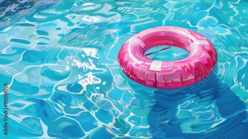 A vibrant pink float bobs on the shimmering surface of a cool blue pool its ring casting ripples that dance under the midday sun of a blissful summer day Set against a backdrop of an action