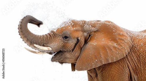  An elephant raises its trunk high, mouth agape, while tusks extend outward © Jevjenijs