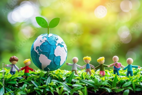 A group of small wooden figurines holding hands in circle around lobe with sprouting plant, global unity and environmental conservation. background is lush and green, representing nature's beauty photo