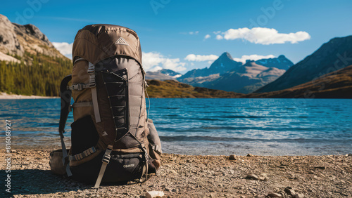 Camping backpack on lake. Concept of travel, vacation, active tourism, hiking, outdoor adventure