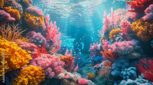 3d Surreal underwater scene with bioluminescent creatures and colorful coral reefs
