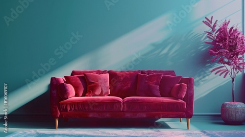 Close up of a red violet sofa on a blue green background with decorative elements around in minimalist style photo