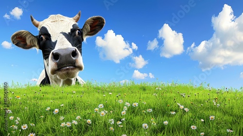  A black-and-white cow stands in a field of green grass and daisies Above  a clear blue sky unfolds