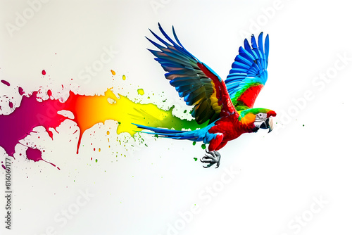 Extreme close-up of colorful parrot flying from splash of paint, creativity concept photo