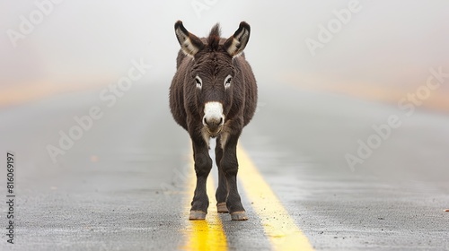  A donkey stands beside a foggy road, yellow line demarcating its center photo