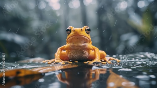  A yellow frog sits atop a rain-pattered puddle  rain cascading down its back legs