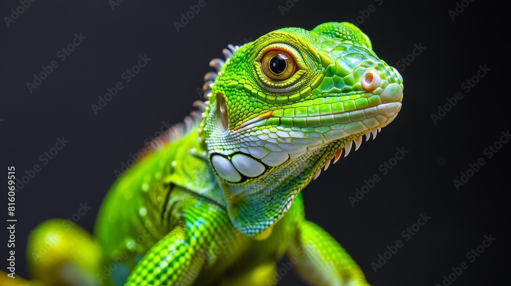 A tight shot of a green iguana perched on a branch against a black background A tight shot of a green iguana perched on a branch against a black background