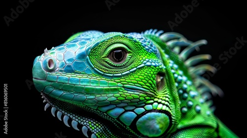  A tight shot of an iguana s face against a black backdrop  accented by green and blue hues