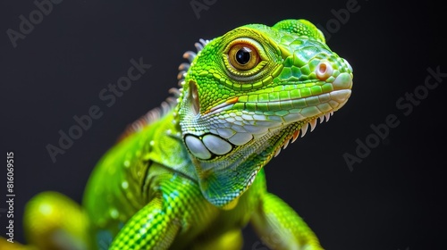  A tight shot of a green iguana perched on a branch against a black background