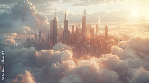 3d Futuristic city skyline with towering skyscrapers and flying vehicles, against a backdrop of swirling clouds