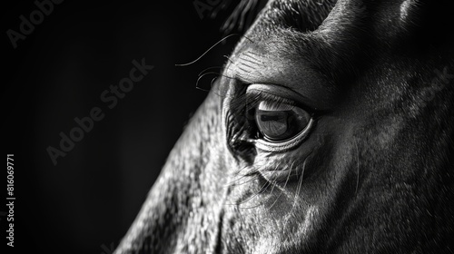 A monochrome image of a horse s head  its dark  expressive eye locked onto the camera lens