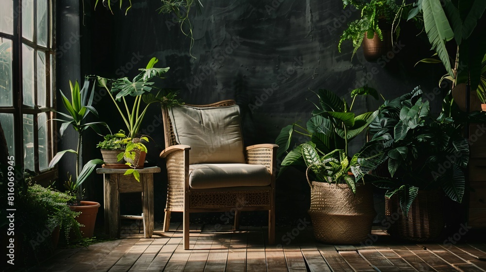 Front view of a rustic style chair on a dark background and a side table with various green plants Front view of a rustic style chair on a dark background and a side table with various green plants