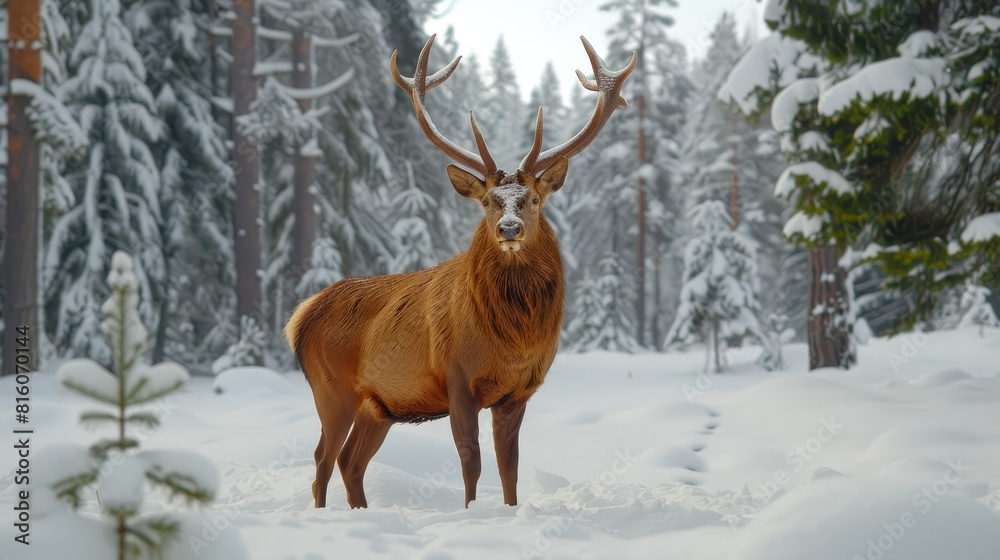A deer stands amidst a snow-covered forest, surrounded by numerous trees and a faint blanket of snow on the ground A deer stands amidst a snow-covered forest, surrounded by numerous trees and a faint blanket of snow on the ground