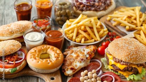 Unhealthy fast food items including burgers, fries, pizza, soda photo