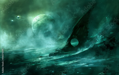 Hauntingly beautiful depiction of an abandoned spacecraft drifting through the cosmos. Celestial bodies in the background as the vessel remains frozen in time, hinting at its mysteriousness