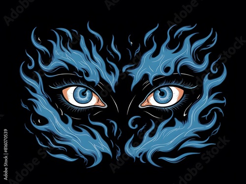 Ethereal glow from blue flames surrounding the eyes in close-up.