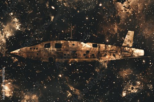 Hauntingly beautiful depiction of an abandoned spacecraft drifting through the cosmos. Celestial bodies in the background as the vessel remains frozen in time, hinting at its mysteriousness