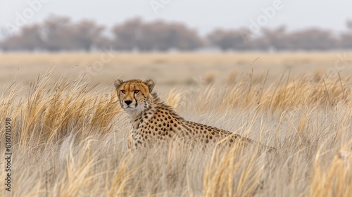  A cheetah sits in a field of tall grass, surrounded by a blurred backdrop of trees in the distance