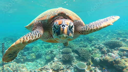  A tight shot of a sea turtle gliding above a coral reef  teeming with various corals at the seabed