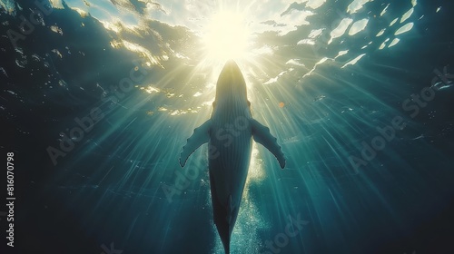  Person swims in ocean, shark near, sun shines behind
