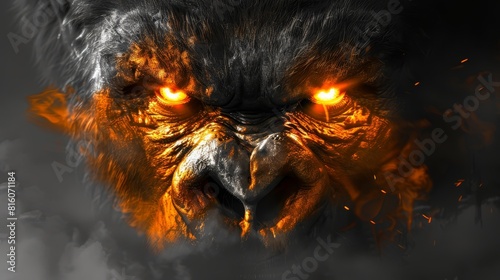  A tight shot of a bird with fiery, glowing eyes and an ominous, demonic expression Eyes emanating flames