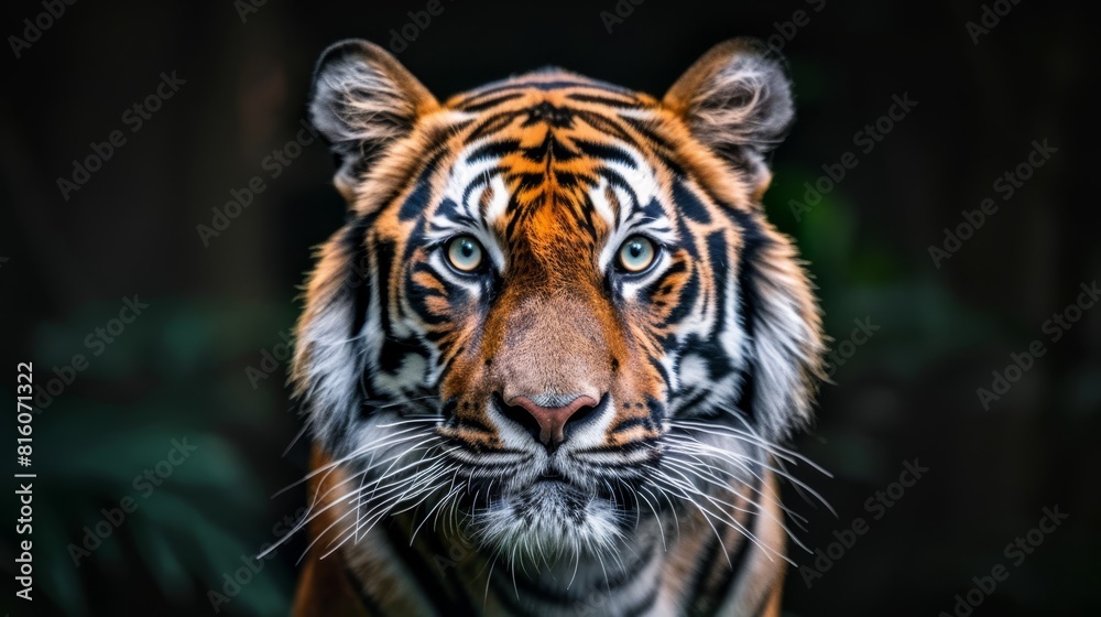 A tight shot of a tiger's face with green leaves as the background A tight shot of a tiger's face with green leaves as the background