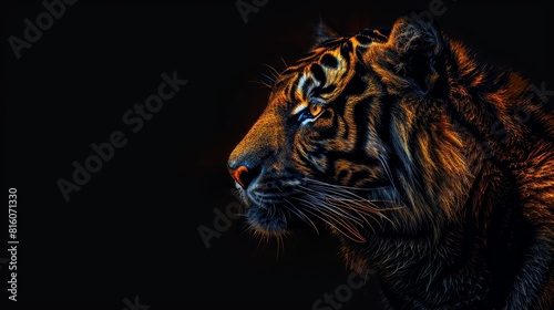  Close-up of a tiger s face against black backdrop  illuminated from right side