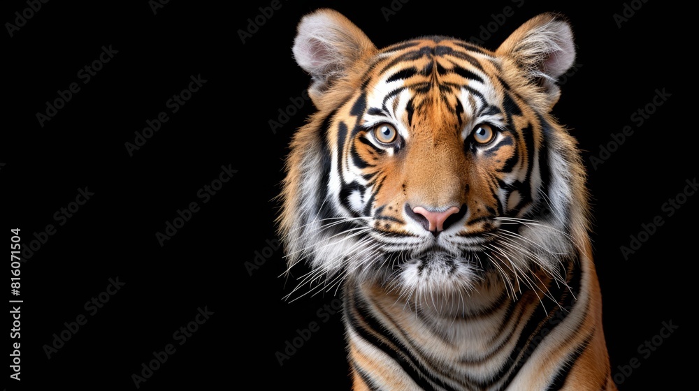 A tight shot of a tiger's face against a black backdrop, its visage slightly softened by a blur effect A tight shot of a tiger's face against a black backdrop, its visage slightly softened by a blur effect