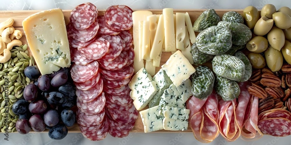 Elegantly Presented Charcuterie Board Featuring Cheeses, Meats, Nuts, and Seeds. Concept Charcuterie Board, Cheese Selection, Meat Choices, Nut and Seed Pairings, Elegant Presentation Elegantly Presented Charcuterie Board Featuring Cheeses, Meats, Nuts, and Seeds. Concept Charcuterie Board, Cheese Selection, Meat Choices, Nut and Seed Pairings, Elegant Presentation