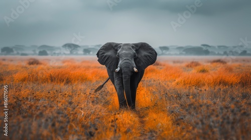  An elephant stands in a field of tall grass, surrounded by trees in the background and a cloudy sky above