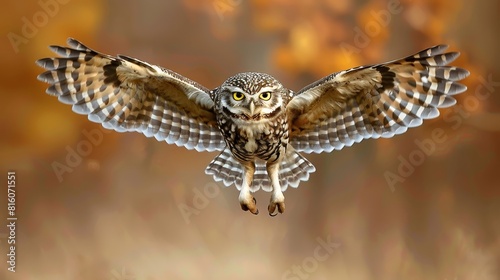  An owl flies with spread wings against a blurred backdrop, its eyes fixed forward