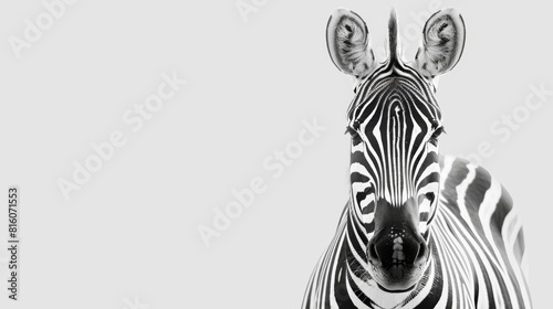  A tight shot of a zebra s face against a pure white backdrop Alternatively  a monochromatic image of the zebra s head  black and white