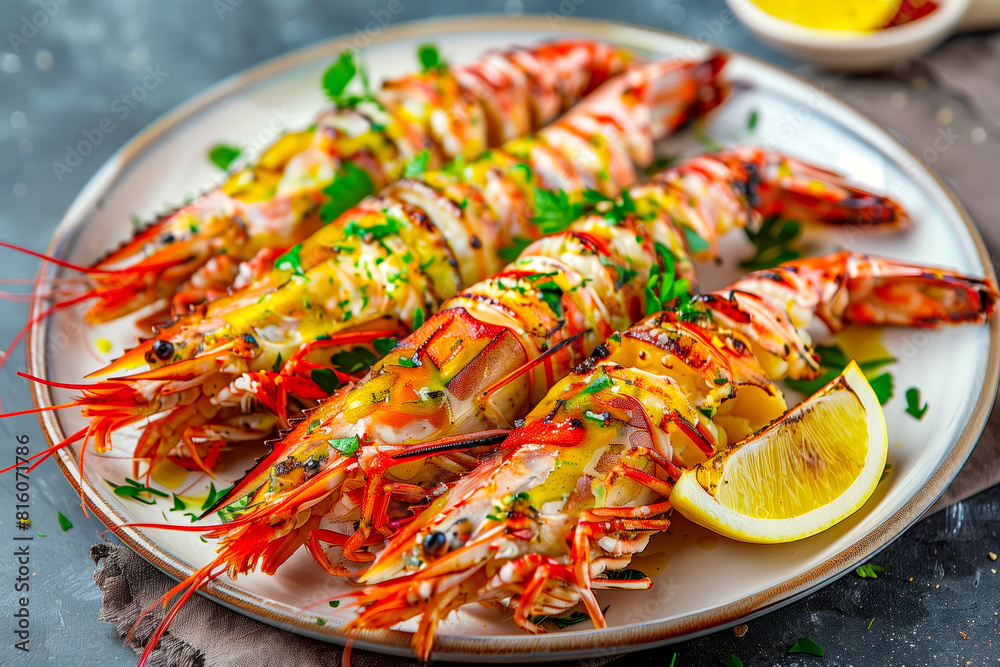 Giant argentinian red prawns, grilled. Plate with seafood. Dark grey background. Giant argentinian red prawns, grilled. Plate with seafood. Dark grey background.