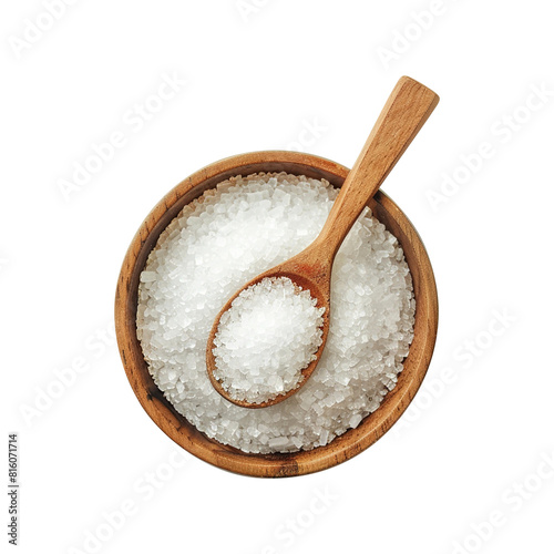 White sugar in a wodden bowl with spoon isolated on transparent background, Png