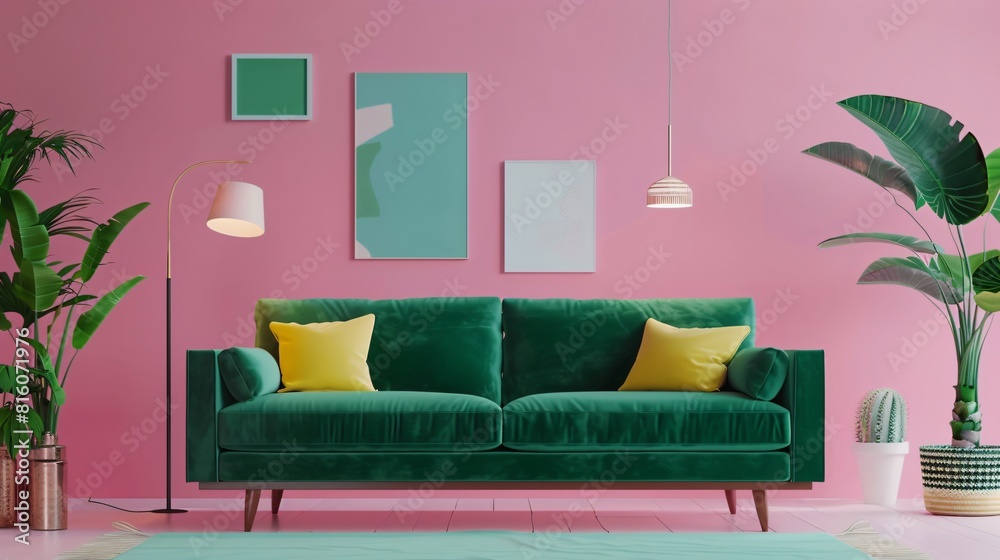 Front view of a green sofa on a pink background with paintings on the wall Front view of a green sofa on a pink background with paintings on the wall