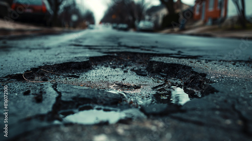 Rua de péssima qualidade e com buracos. Estrada de asfalto danificada com buracos na cidade photo