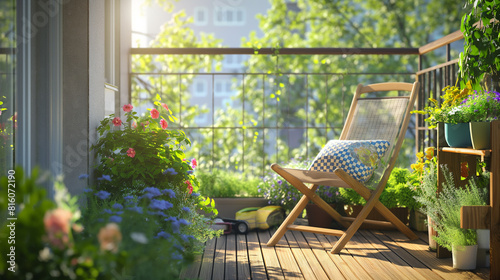 Linda varanda ou terraço com piso de madeira, cadeira e plantas com flores verdes em vasos. Área aconchegante e relaxante em casa. Terraço ensolarado e elegante na cidade photo