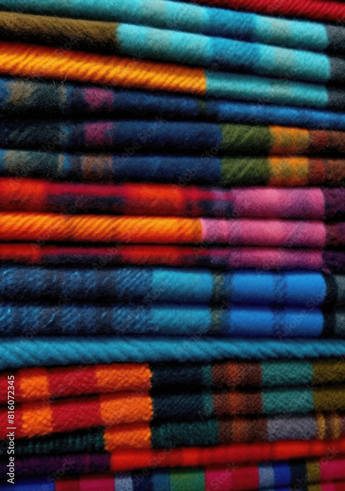 A vibrant collection of colorful textiles stacked neatly, showcasing a variety of patterns and textures. Perfect for use in interior design, fashion, and creative projects.
