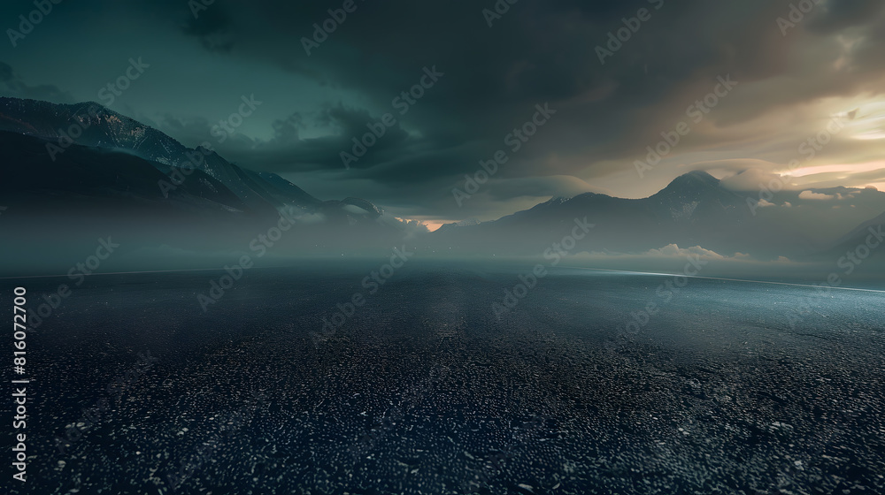 Empty asphalt road platform and mountain with cloud scenery at night : Generative AI Empty asphalt road platform and mountain with cloud scenery at night : Generative AI