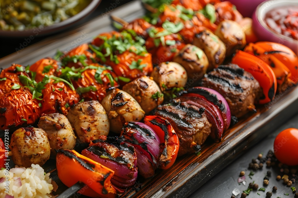 A close up of a tray of food with meat and vegetables A close up of a tray of food with meat and vegetables