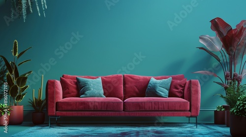 Front view of a red violet sofa on a blue green background with decorative elements around photo
